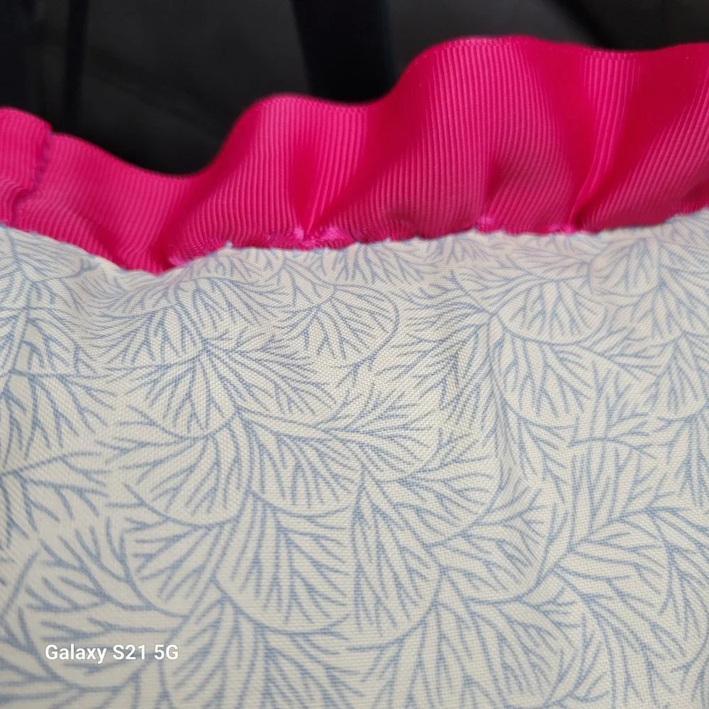 Handmade Embroidered Floral Pillow Denim Back Pink Ruffle Trim 17x12 Boho Accent